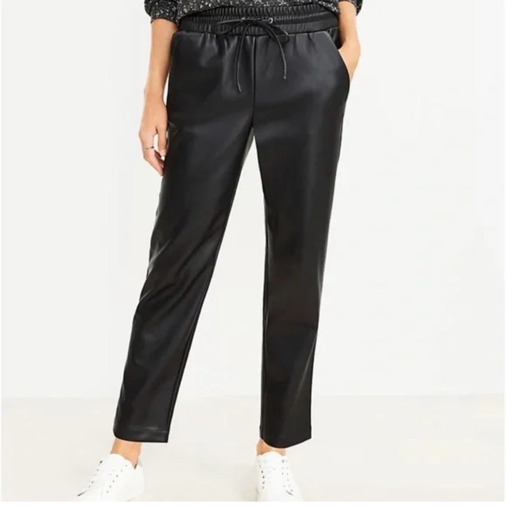 Loft Black Faux Leather Lightly Lined Pockets Wide Elastic Waist Tie Pants